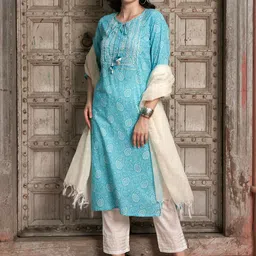 BANDIA Women Bandhani Printed Regular Mirror Work Pure Cotton Kurta with Trousers & With Dupatta-image-19