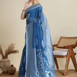 AMRUTKALA SAREES Floral Woven Design Striped Border Saree with Blouse Piece image 2