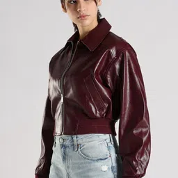Calvin Klein Jeans Women Spread Collar Solid Leather Jacket image 2