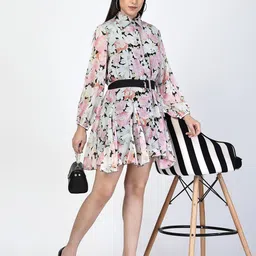 COSMIC TRIO Floral Printed Puff Sleeve Chiffon Shirt Dress with Belt-image-13