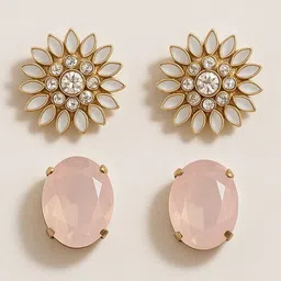 MANSIYAORANGE Set Of 2 Gold-Plated Crystals Studded Oval Shaped Korean Studs image 1