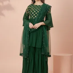 SZN Floral Embroidered Zari Work A-Line Kurta With Sharara & Dupatta-image-87