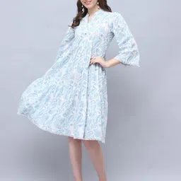 Merira Women Floral Printed Mandarin Collar Pure Cotton A-Line Dress-image-59