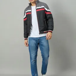 Duke Men Mock Collar Striped Bomber Jacket image 5