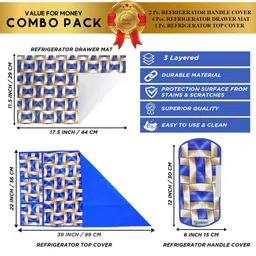 E-Retailer Blue & Brown 7Pc Printed Waterproof 3-Layered Refrigerator Covers With Pockets image 5