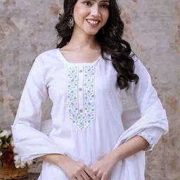 AUZAAI COLLECTION Embroidered Pure Cotton Straight Kurta With Trousers & Dupatta image 1