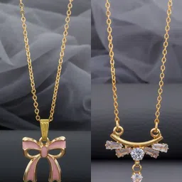 Birado Jewellery Set Of 2 Stainless Steel Gold-Plated Stones Studded Pendants With Chains image 1