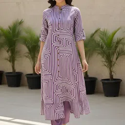 YASH GALLERY Women Geometric Printed Cotton A-Line Kurta with Trousers-image-96