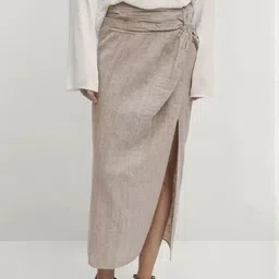LULU & SKY Women Solid High Rise Ruched Slit Midi Skirts-image-56
