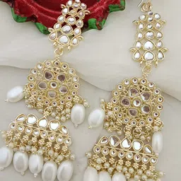 EVY Gold-Plated Artificial Stones And Beads Studded Contemporary Drop Earrings-picture-4