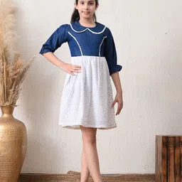 Sangria Girls Floral Printed Pure Cotton Three Quarter Fit & Flare Dress-image-78