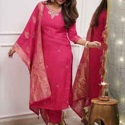 HERE&NOW Women Ethnic Motifs Embroidered Regular Sequinned Kurta with Trousers & With Dupatta image 4