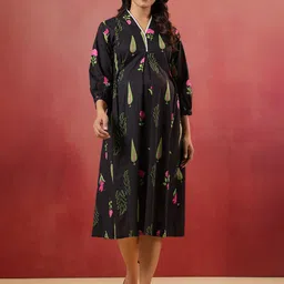 CRAFIQA Women Floral Printed V-Neck Maternity Fit & Flare Dress-picture-37