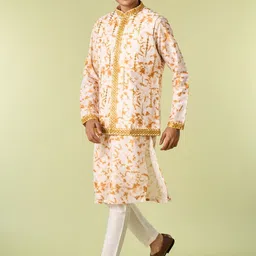 Diwas by Manyavar Men Dyed Regular Mirror Work Kurta with Trousers image 3