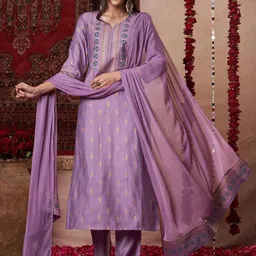 KALINI Floral Printed Notch-Neck Thread Work Straight Kurta With Trousers And Dupatta-image-63
