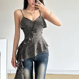 StyleCast x Revolte Women Self Design Sweetheart Neck Ruffles High-Low Top-picture-38