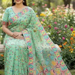 FABLAND Ethnic Motifs Print Jaali Jamdani Saree with Unstitched Blouse Piece image 2