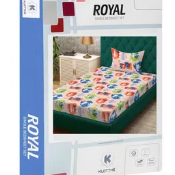 KLOTTHE Beige & Blue Printed 400 TC Single Bedsheet With Pillow Cover - 2.5 m x 1.5 m image 2