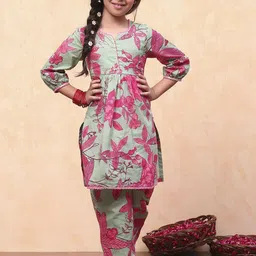 Biba Girls Floral Printed Regular Pure Cotton Kurta with Palazzos & With Dupatta-picture-32