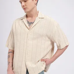 glitchez Cuban Collar Self Striped Embroidered Pure Cotton Oversized Shirt image 1