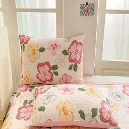 JC HOME Set Of 3 Pink & Green Floral Printed 162 TC Single Bed & Pillow Covers image 4