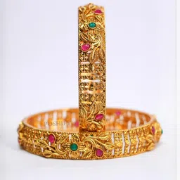 POSHIFY Set of 2 Gold-Plated Pure Brass Artificial Stones and Beads Bangles image 1