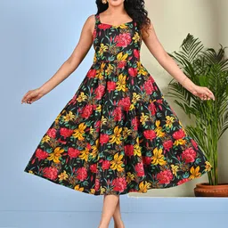 Nayo Women Cotton Floral Printed Fit And Flare Midi Dress-image-88