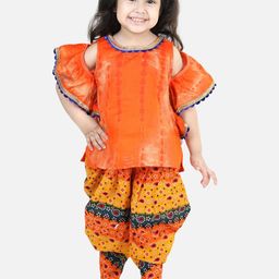 BownBee Girls Orange Ethnic Motifs Dyed Pure Cotton Top with Dhoti Pants-picture-55