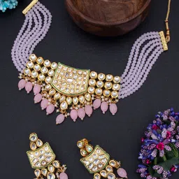 Sukkhi Gold-Plated White Kundan-Studded & Pink Beaded Jewellery Set-picture-18