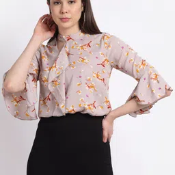 La Zoire Brown Floral Print Ruffles Georgette Blouson Top-image-36