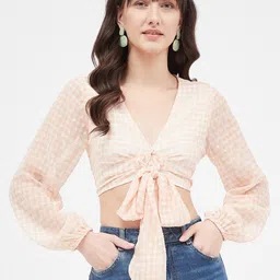 Kibo Checked Chiffon Cinched Waist Crop Top image 1