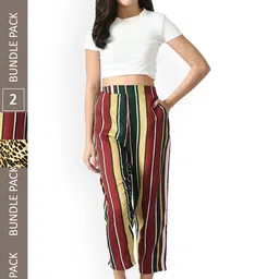 IndiWeaves Women Relaxed Straight Leg Pack of 2 High-Rise Striped Straight Fit Trousers-image-60