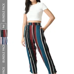 IndiWeaves Women Pack Of 2 Relaxed Straight Leg Straight Fit Striped High-Rise Trousers-image-84
