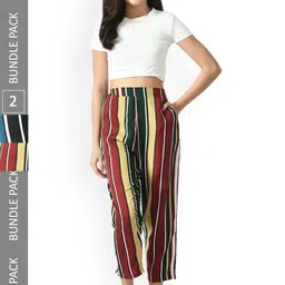 IndiWeaves Women Pack Of 2 Relaxed Straight Leg Striped Straight Fit High-Rise Trousers-image-95