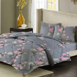 bsb home Grey Melange & Pink Floral Microfiber Double King Superfine Bedding Set-picture-40