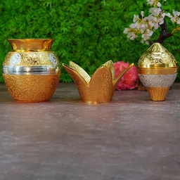 PujaNPujari Gold Toned & Siver Toned Brass Kalash With Coconut & Mango Leafs-picture-16