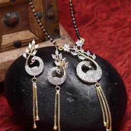 ZENEME Gold-Plated Stone Studded & Beaded Peacock Shaped Mangalsutra Set-picture-28
