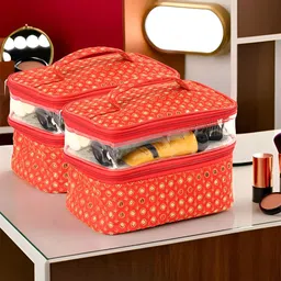 Kuber Industries Red & Gold Toned 2 Pieces Self Design Water Resistant Makeup Organisers image 1