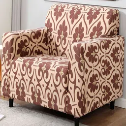 HOKIPO Beige & Brown 1 seater Printed Polyester Sofa Cover-image-75