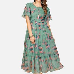 Vbuyz Women Green & Pink Floral Printed Keyhole Neck Bell Sleeves Georgette Anarkali Kurta-picture-10