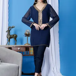 DEBONATELLA Sequinned V-Neck Pure Georgette Kurti-picture-20