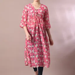 HERE&NOW Pink Floral Printed V-Neck Flared Sleeves Georgette A-Line Nyra-Cut Kurta-picture-28