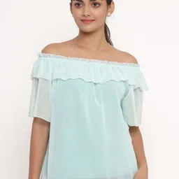 SAVI Ruffled Off-Shoulder Flared Sleeves Georgette Bardot Top image 1