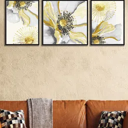 Art Street Set of 3 Golden & White Cotton Flower Canvas Art Print Painting-picture-27