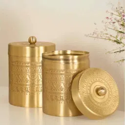peepul tree Golden Aura Handcrafted Pure Brass Medium Jar with Lid for Tea, Sugar & Spice | Festive Serveware & Storage image 2