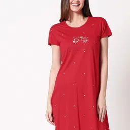 Zeyo Polka Dots Printed Pure Cotton Nightdress-image-4
