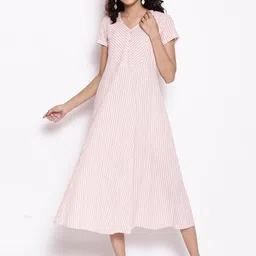 AURELIA Peach-Coloured Striped A-Line Midi Dress-image-36