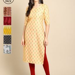7threads 1 Stop Fashion Women Pack Of 6 Gold-Toned & Multicoloured Printed Crepe Kurta-picture-23