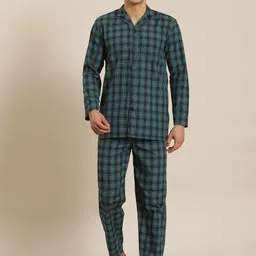 SOJANYA Men Green & Navy Blue Checked Cotton Night suit-image-26