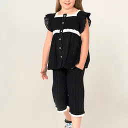 Cherry Crumble Girls Black Self Striped Dobby Sustainable Night suit with Smocked Detail-image-19